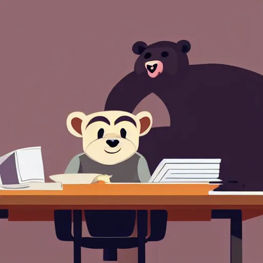 Prompt: bored bear at office, head leaning on paw with elbow on table, piles of paperwork, disney animation style