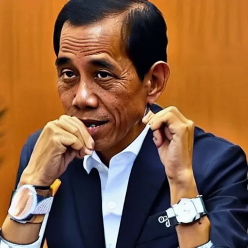 Image similar to Jokowi showing off wearing gshock watch in a meeting, photorealistic