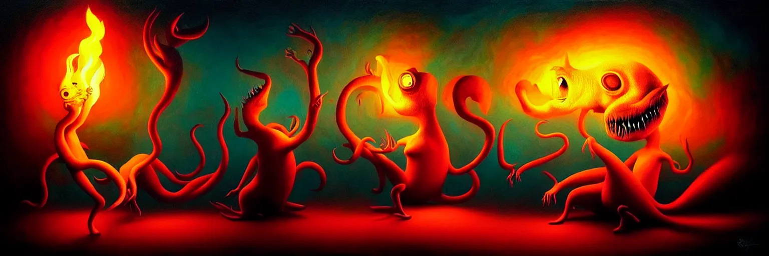 Image similar to whimsical creature freaks from the depths of the collective unconsciouis, dramatic lighting from fire glow, surreal darkly colorful painting by ronny khalil