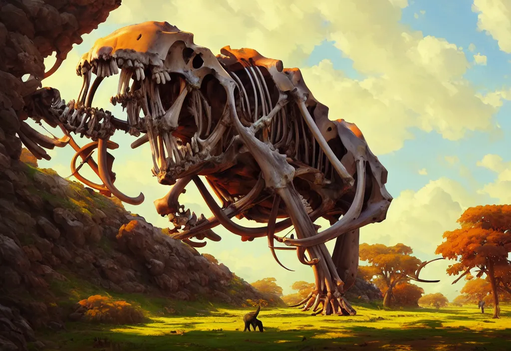 Image similar to giant animal bones in the countryside, intricate oil painting, high detail illustration, sharp high detail, manga and anime 1 9 9 9, official fanart behance hd artstation by jesper ejsing and makoto shinkai, 4 k,