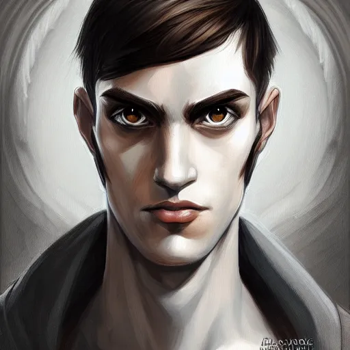 Prompt: head-on symmetrical centered painted portrait, a young man as a D&D wizard, fantasy, intricate, elegant, highly detailed, digital painting, smooth, sharp focus, illustration, artstation, in the style of Artgerm and Anna Podedworna and Alex Ross