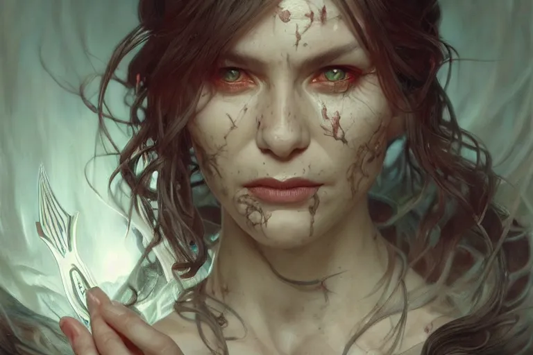 Image similar to portrait painting of evil demonic cult member, ultra realistic, concept art, intricate details, eerie, highly detailed, photorealistic, octane render, 8 k, unreal engine. art by artgerm and greg rutkowski and alphonse mucha