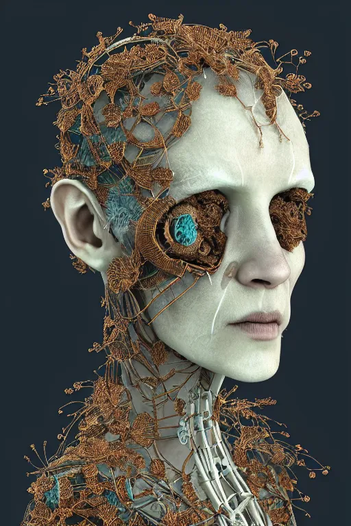 Prompt: complex 3d render ultra detailed of a beautiful dirty porcelain old woman face, rusty biomechanical cyborg, analog, 150 mm lens, beautiful natural soft rim light, big leaves and stems, roots, fine foliage lace, turquoise gold details, Alexander Mcqueen high fashion haute couture, art nouveau fashion embroidered, intricate details, mesh wire, mandelbrot fractal, anatomical, facial muscles, cable wires, elegant, hyper realistic, dark violet flower pattern wallpaper in the background, ultra detailed, octane render