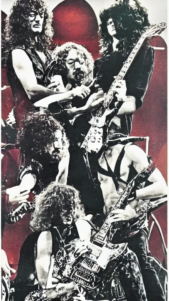 Prompt: Led Zeppelin concert poster circa 1969, Madison Square Garden, colorized, Jimmy Page playing double neck guitar, drum kit, highly detailed