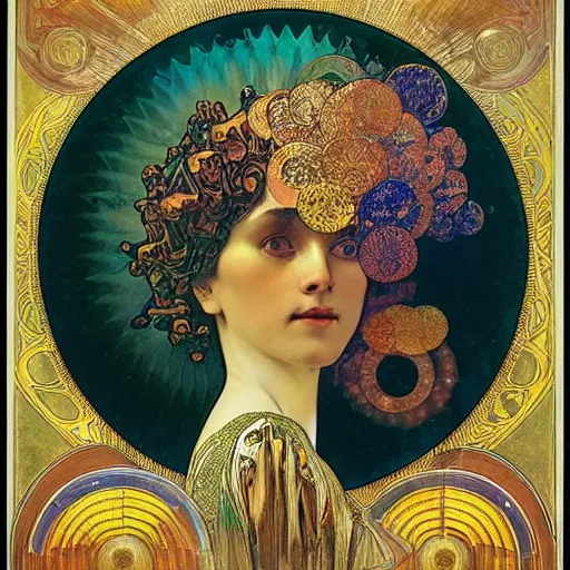 Image similar to A woman with a colored face, standing in gold foil, her face in discs, she has a diamond eye, orange Alphonse Mucha, Ernst Haeckel