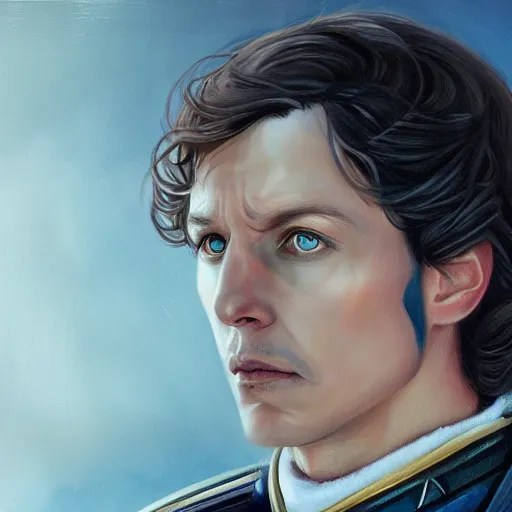 Image similar to realistic paul atreides emperor of the known universe, perfect dramatic and dark portrait by rabbitary b, trending on artstation, deviantart, dune, low angle oil painting and composition laws, dark foggy background, masculine man with thin lines on the face, medium - long curly brown hair, completely blue eyes, denis villeneuve cinematography