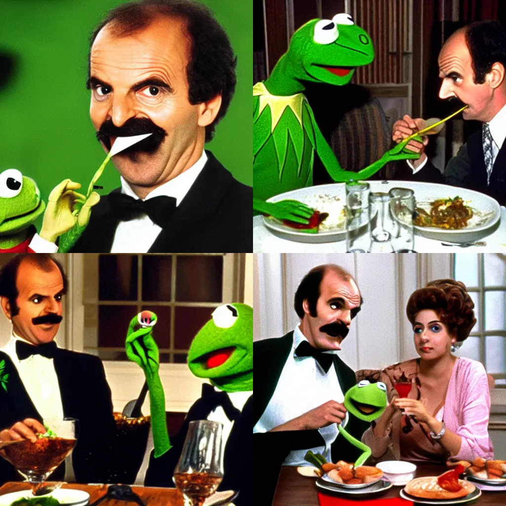 Prompt: basil fawlty having a romantic dinner with kermit the frog