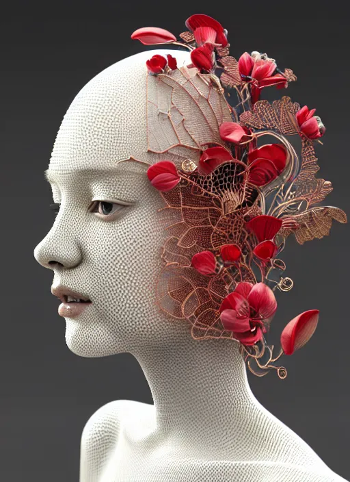 Prompt: complex 3d render ultra detailed of a beautiful porcelain profile young woman face, mechanical cyborg, 200 mm lens, beautiful studio soft light, rim light, silver gold red details, magnolia big leaves and stems, roots, fine foliage lace, mesh wire, Alexander Mcqueen high fashion haute couture, art nouveau fashion embroidered, intricate details, hyper realistic, ultra detailed, mandelbrot fractal, anatomical, facial muscles, cable wires, microchip, elegant, octane render, H.R. Giger style, 8k post-production