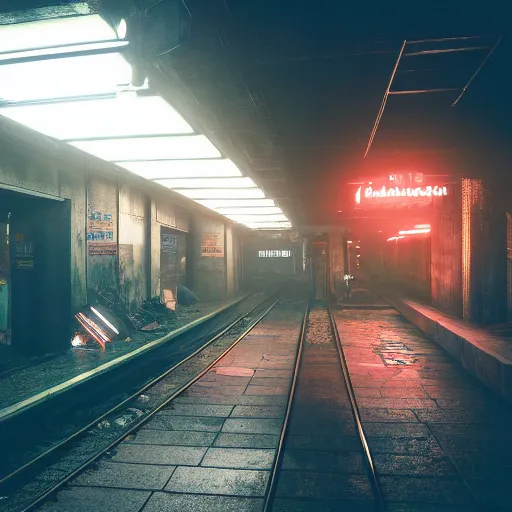 Image similar to abandoned underground subway homeless slum low light sadness lonely. Cyberpunk 2077. CP2077. 3840 x 2160