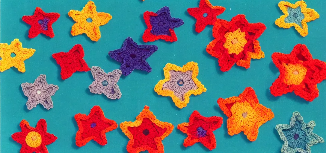 Prompt: multicolored crocheted stars, 1 9 8 0 s catalogue photo