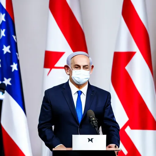 Image similar to photograph of Benjamin Netanyahu giving a speech while bodyguards wearing suits and medical masks are standing behind him ,a podium is in front of him, cinematic lighting, official media, HQ, 4K, news photography