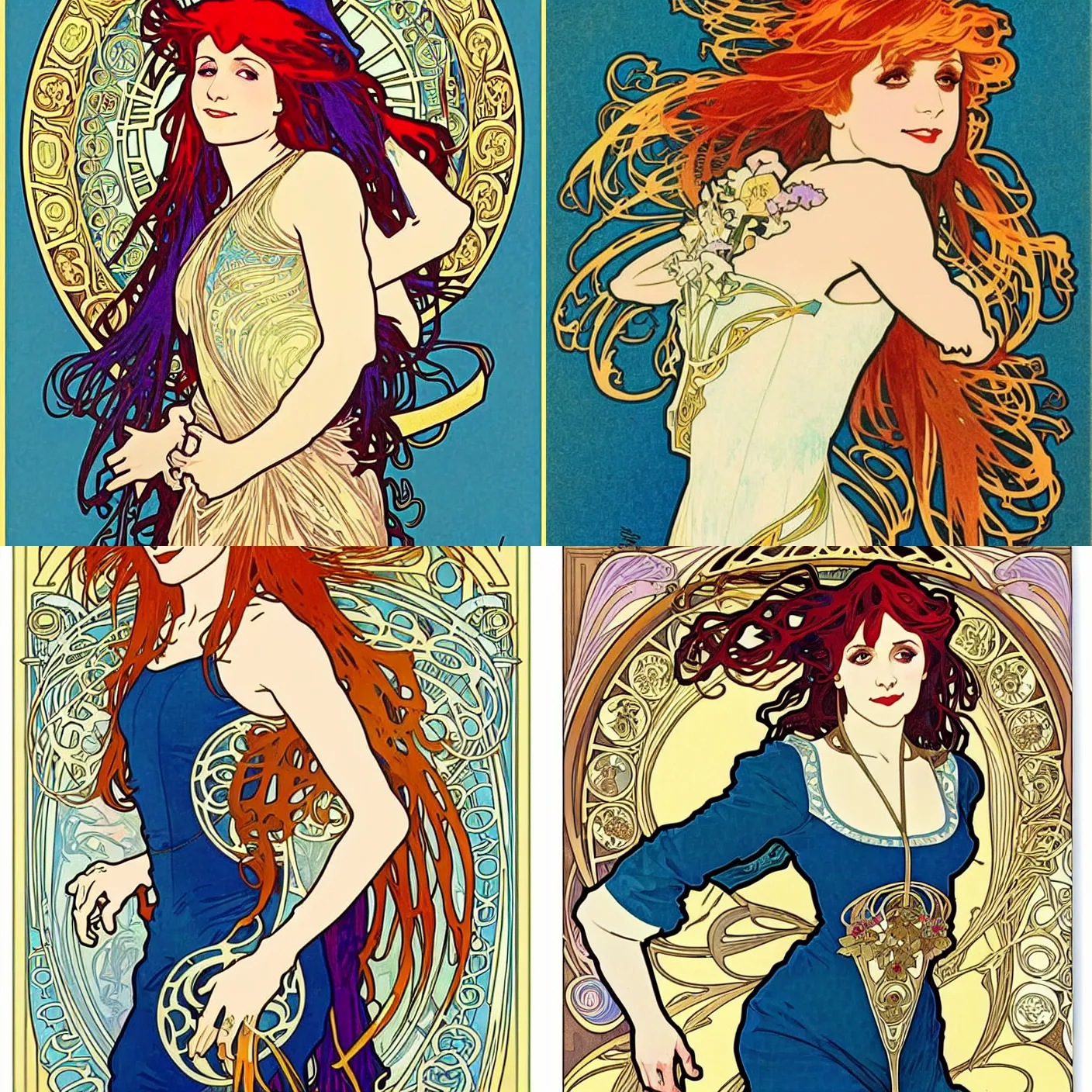 Prompt: Alphonse Mucha, art nouveau, cardstock, pretty female Hayley Williams Paramore, smile, symmetrical, victorian blue dress, long red hair, full body action pose, gold green blue purple