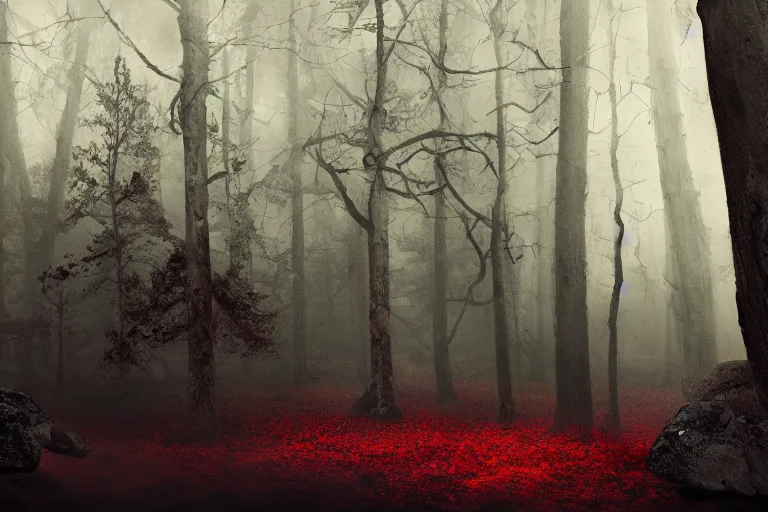 Prompt: deep dark moody forest, red fog on the ground, bleak. big stones, dark mood. mysterious. doom. realistic painting. photobashing, matte painting, highly detailed, autumn, cinematic, hyperralistic, artstation, dramatic lighting, god rays, clean crisp graphics, smooth sharp focus, extremely detailed, ukiyo - e,