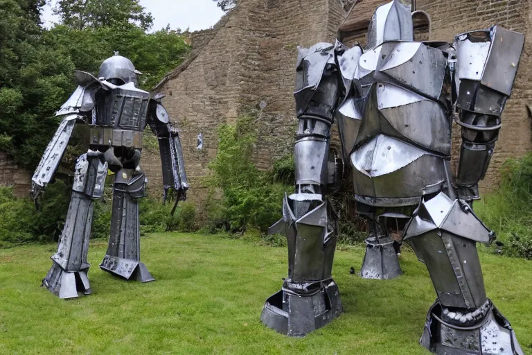 Image similar to a giant mech made out of medieval knights armor and parts standing in an old english village