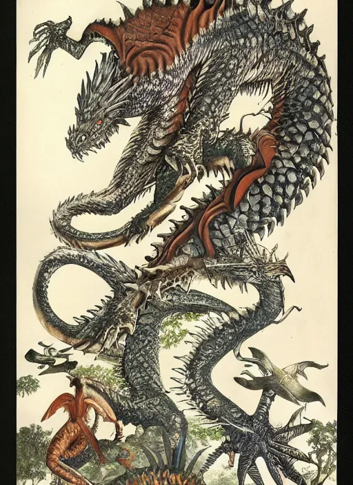 Image similar to game of thrones dragon in a tropical forest, john james audubon, ernst haeckel, intaglio, sharp focus