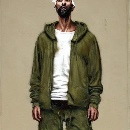 Image similar to a full body lookbook portrait of modern - day jesus wearing olive green yeezy menswear collection by nicola samori, hat and hoodie, detailed, oil painting, hyper realistic, 8 k, yeezy collection