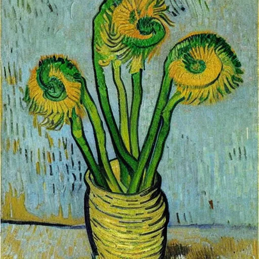 Image similar to Fiddleheads, painted by Vincent Van Gogh (1890), oil on canvas, detailed brushstrokes