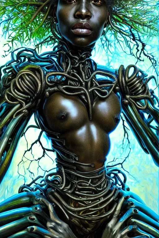 Image similar to hyperrealistic post - baroque super expressive! black woman with exoskeleton armor, merging with tree in a forest, highly detailed digital art masterpiece smooth cam de leon eric zener dramatic pearlescent blue teal light ground angle hd 8 k sharp focus