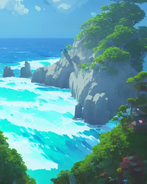 Prompt: an archipelago with strange white rock formations, lush vegetation, deep blue water, cory loftis, james gilleard, atey ghailan, makoto shinkai, goro fujita, studio ghibli, rim light, exquisite lighting, clear focus, very coherent, plain background, soft painting