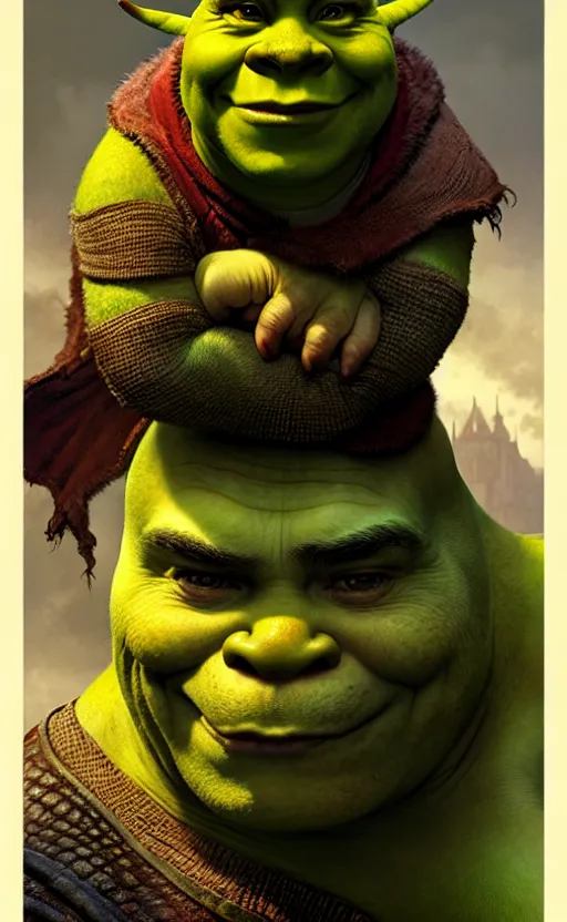 Image similar to shrek dragon gorgeous lighting by weta studio, mucha, bautista and norman rockwell and greg rutkowski and tom bagshaw and james gurney and lucasfilm