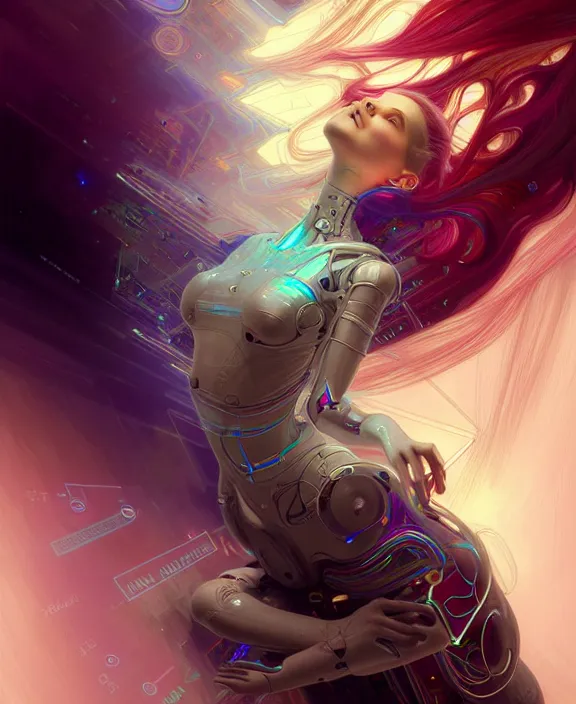 Image similar to a whirlwind of souls rushing inside the metaverse, hologram, half body, neurochip, shaved temple, piercing, jewelry, android, cyborg, cyberpunk face, by loish, d & d, fantasy, intricate, elegant, highly detailed, colorful, digital painting, artstation, concept art, art by artgerm and greg rutkowski and alphonse mucha