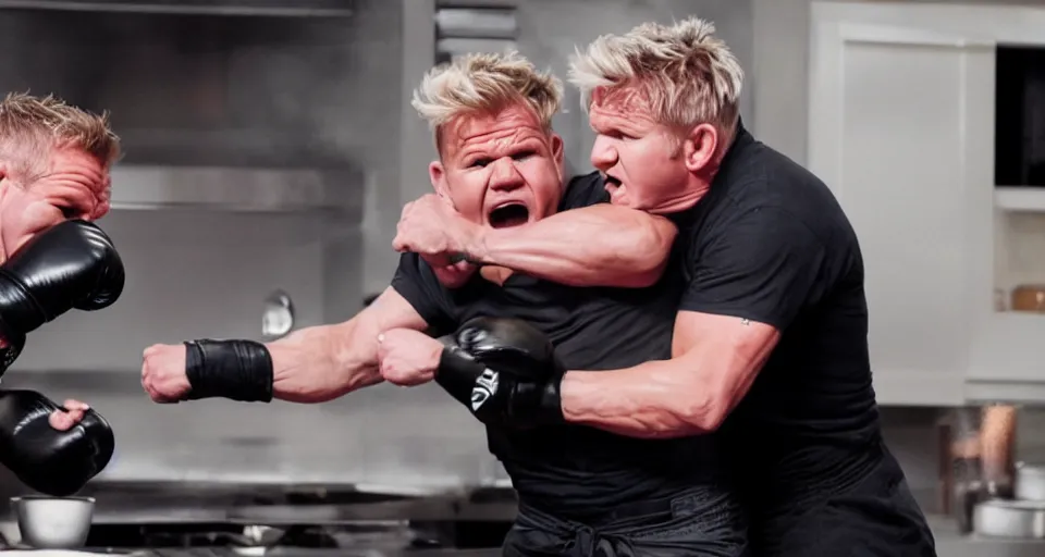 Image similar to photo of angry furious Gordon Ramsay punching Gordon Ramsay at the kitchen