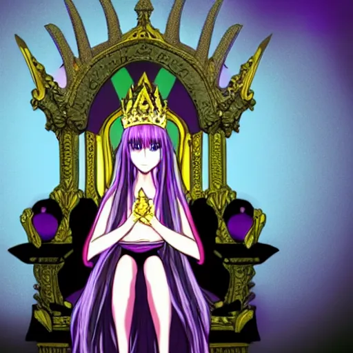 Prompt: A photo of a skinny evil princess woman with light-purple hair wearing a diamond crown, sitting in a throne in a dark room. Low light. Anime style