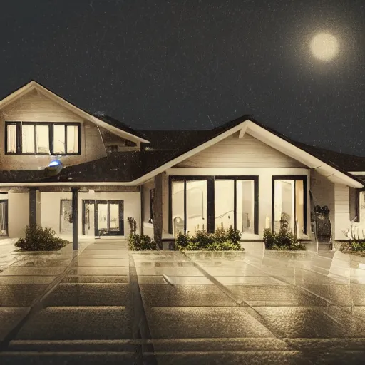 Image similar to Double story suburban house,it is raining, night time , peaceful atmosphere, moody lighting , digital art , highly detailed , high contrast, beautiful lighting, award winning , trending on art station, photorealistic, 8k