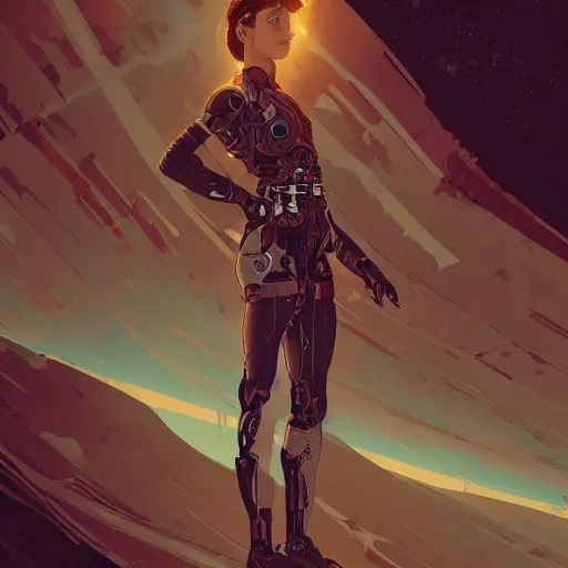 Image similar to Alicia Vikander as a dirty cyborg spaceship mechanic, highly detailed, artstation, digital illustration, concept art, by Kyoto Animation and Studio Ghibli, by Ilya Kuvshinov and Alphonse Mucha