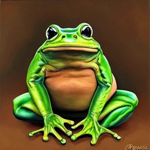 Image similar to A giant oversized fat frog with Alex Jones face, photorealistic painting