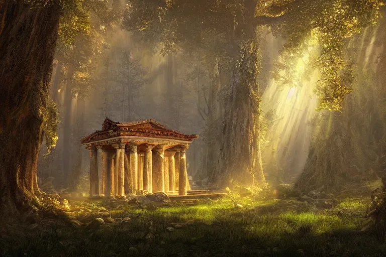 Prompt: Ancient temple lost in the heart of the forest belonging to the ancient goddess of earth and trees | dramatic light | cinematic lighting | sunshafts, volumetric lighting | golden hour | style of donato giancola