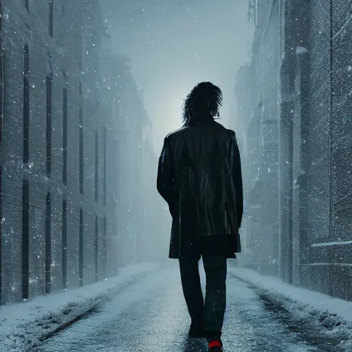 Image similar to movie shot of young man from back pacing lowering head dressed in short leather bomber jacket to empty narrow alley with street lamps in park with pines to the horizon, with hands in pockets, snowfall at night, mullet long haircut, black hairs, cinematic, dramatic, detailed, realistic, movie shot, low lighting