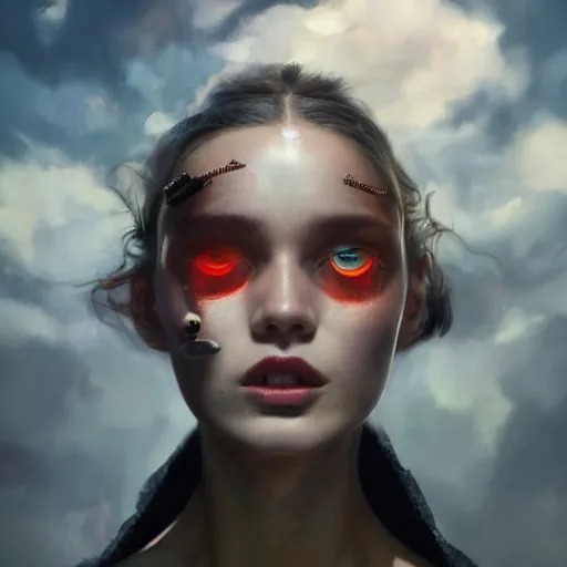 Prompt: close - up, screaming fashion model face, sun, cinematic, clouds, vogue cover style, dystopian art, poster art, futuristic, bright mood, fantasy artrealistic painting, intricate oil painting, high detail, 3 d, by tooth wu and wlop and beeple and greg rutkowski