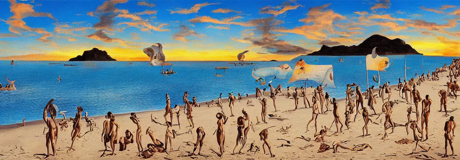 Image similar to People in beach by Salvador Dali and Bob Ross collaboration, mural, sun set, digital art, high details