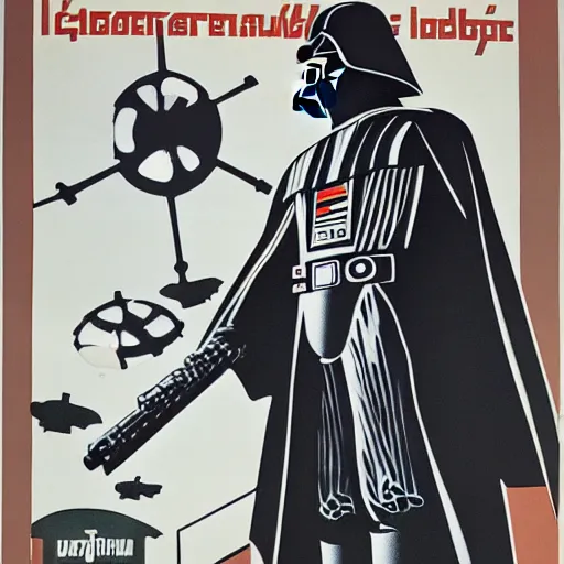 Prompt: Soviet propaganda poster, Darth Vader in a factory