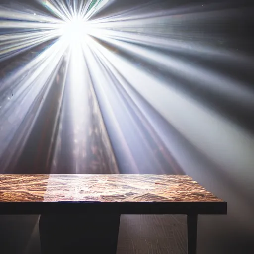 Image similar to photo of a beam of light shining through a prism, shining through the other side, with ray showing on the table, intricate details, extremely high quality, moody lighting, real camera, real caustics, real photo, 8 k, full subject in shot