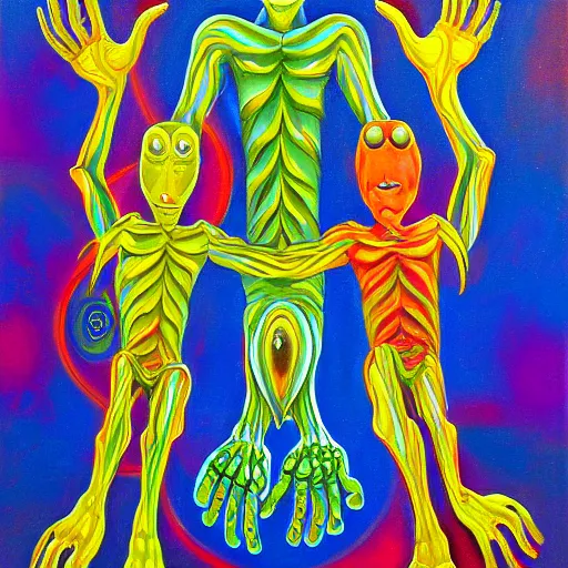 Image similar to an anthromorphic alien cult, 8 arms, by amanda clark in a psychedelic style, oil on canvas