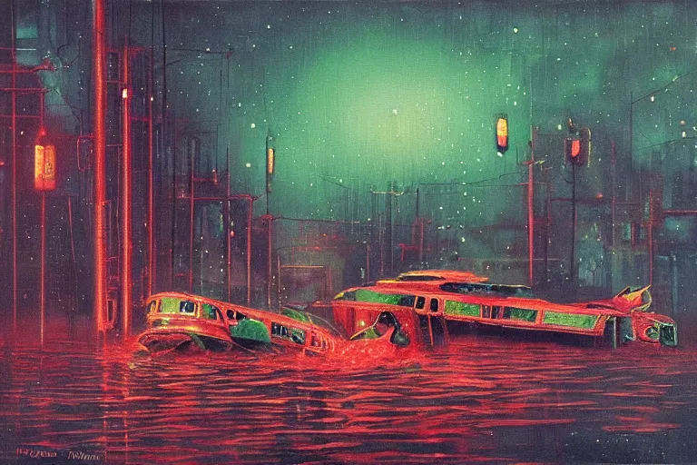 Image similar to river boats speeding between tree houses on flooded streets of new york painting, red and green palette, night lights, starry sky, by ( h. r. giger ) and paul lehr