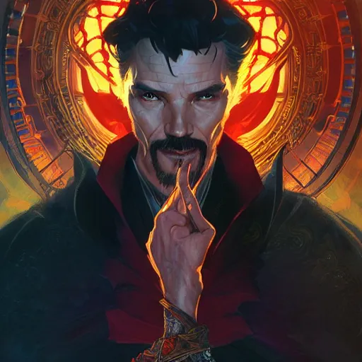 Prompt: evil dr strange doing satanic ritual elegant, digital painting, highly detailed, fantasy, artstation, concept art, smooth, sharp focus, illustration, art by artgerm and greg rutkowski and alphonse mucha