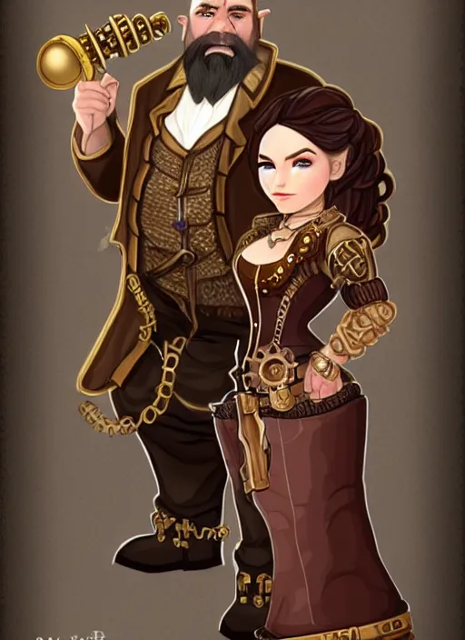 Prompt: Steampunk dwarf with a beard female glamor bard speaker of a small town and fashionable female in high-end Oscar de la Renta