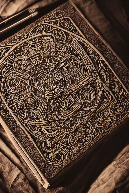 Image similar to an ancient ornate intricate old tome spell book satanic poetry with the sigil symbol of diablo emblazoned on the cover, cinematic, realistic, intricate detail, finely detailed, small details, extra detail, photorealistic, high resolution, 3 d, pbr, path tracing, volumetric lighting, octane render, arnold render, 8 k