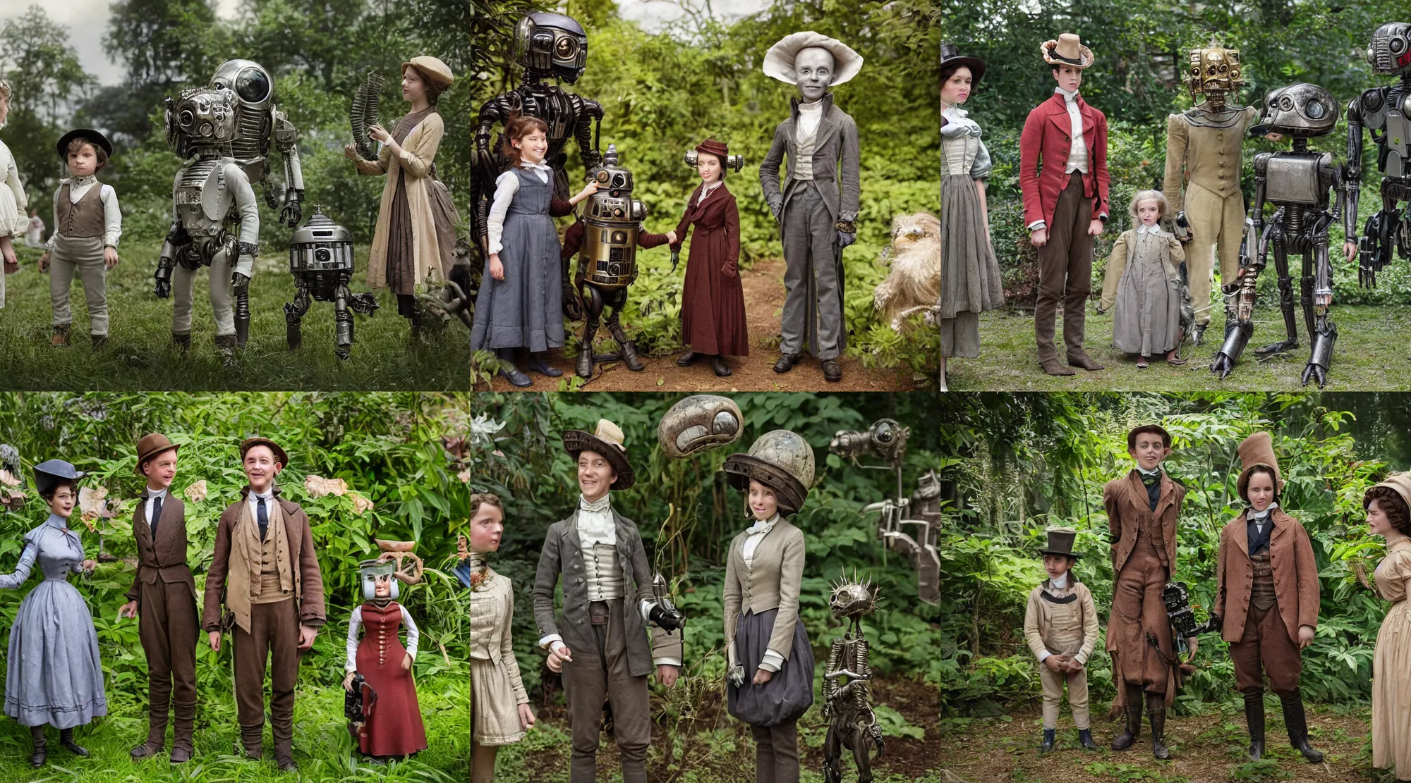 Prompt: detailed, sharp, a girl and a boy standing next to some alien plants, looking happy, wearing 1850s era clothes, their droid is standing nearby while their small pet alien creature is also hovering nearby, in a park on an alien planet, steampunk, extremely highly detailed, hyperrealistic, highly detailed faces, 70 mm still from a period sci fi movie, 4k,