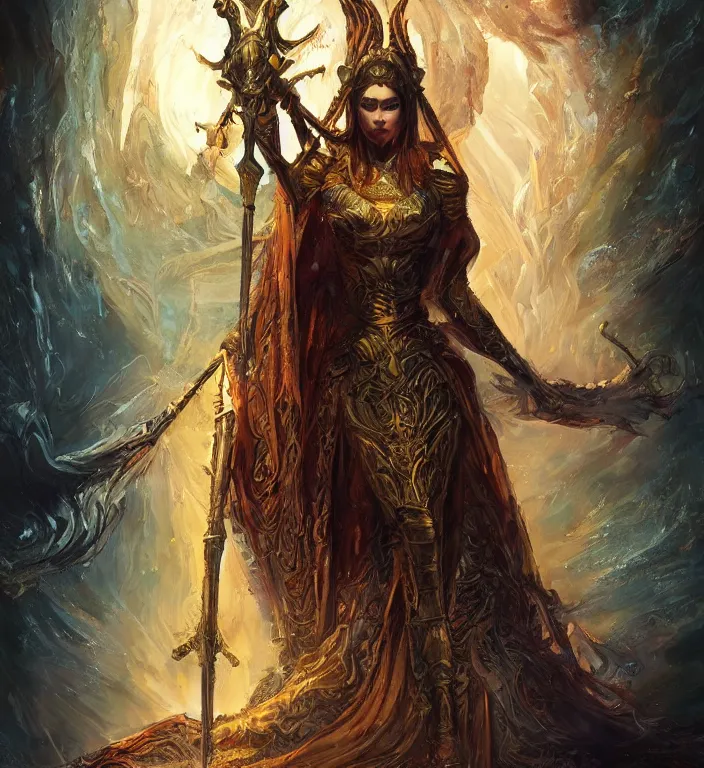 Image similar to full body illustration of a goddess, tarot card, dark souls colour scheme, establishing shot, coherent, high detailed, kerem beyit, Karol Bak, featured on artstation