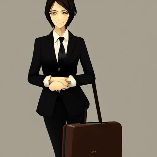 Image similar to woman in black business suit, chill, light brown neat hair, pixiv, fanbox, trending on artstation, portrait, digital art, modern, sleek, highly detailed, formal, serious, determined, blue tie, lawyer, colorized, smooth, charming, pretty, briefcase, safe for work