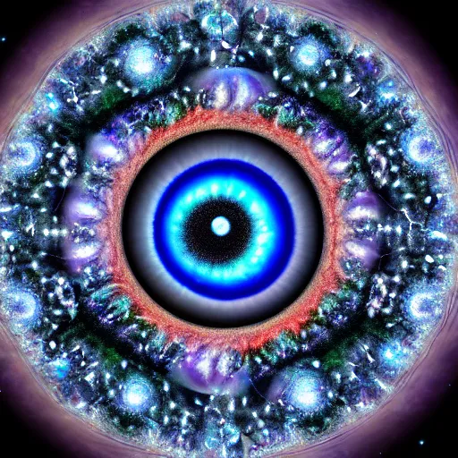 Prompt: an eyeball that contains multiple galaxies within the pupil, surrounded by a sea of iridescent pearls, in a dreamlike atmosphere, beautiful, dazzling, ultra hd 4k fractal intricate high detail render, high quality resolution