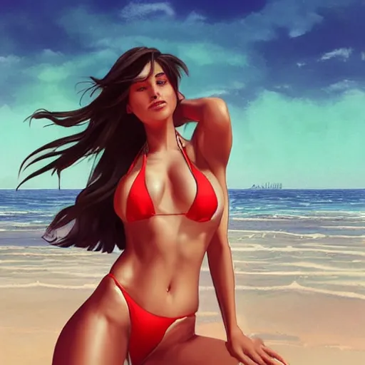 Prompt: your dream girl in a bikini on the beach drawn by artgerm