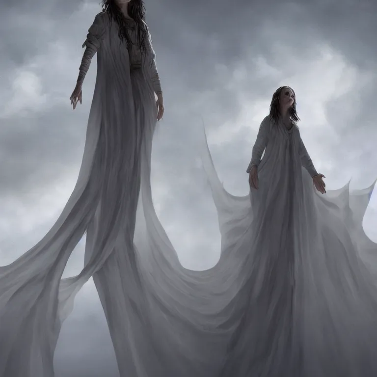 Image similar to octane render portrait by wayne barlow and carlo crivelli and glenn fabry, a woman wearing a giant huge long flowing billowing sheet of white silk, standing in a dark and moody beautiful western landscape, volumetric lighting, fog and mist, cinema 4 d, ray traced lighting, very short depth of field, bokeh