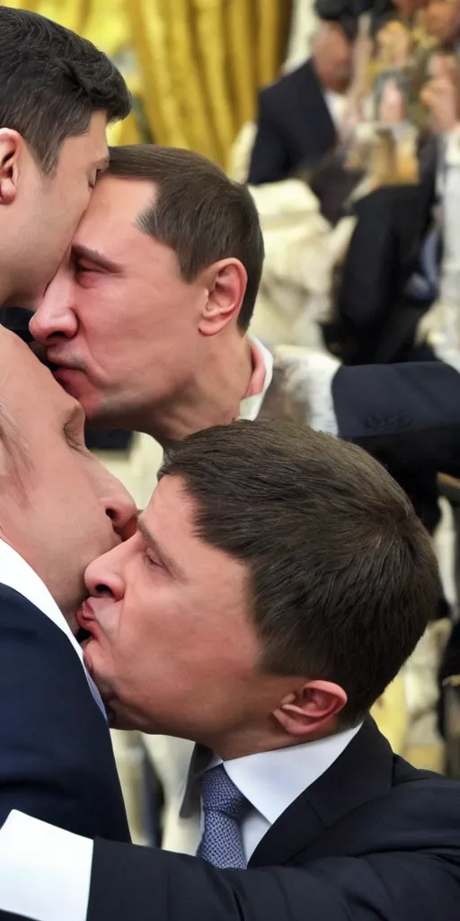 Image similar to Vladimir Putin kissing Volodymyr Zelenskyy