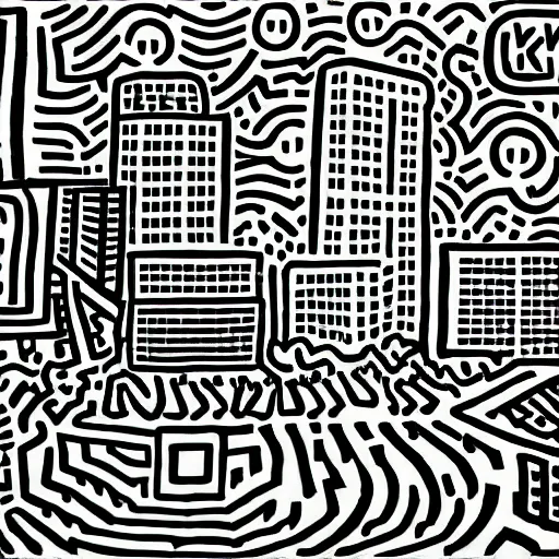 Image similar to asheville skyline, digital art, keith haring style