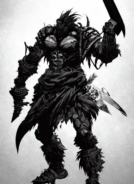 Prompt: Full body portrait of giant old gnoll warrior with a giant black blade. In style of Yoji Shinkawa and Hyung-tae Kim, trending on ArtStation, dark fantasy, great composition, concept art, highly detailed, dynamic pose.